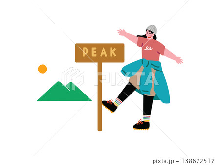 山の頂上で記念撮影をする女性のイラスト 138672517