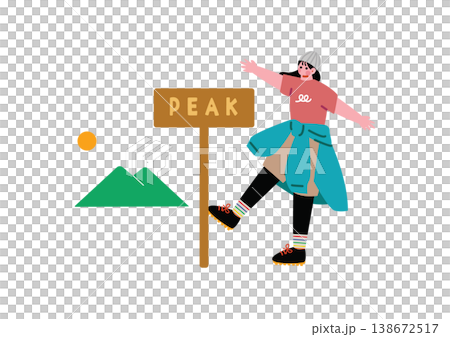 An illustration of a woman taking a commemorative photo on a mountaintop. An illustration of a woman taking a commemorative photo on a mountaintop. 138672517