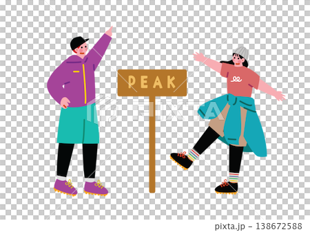 An illustration of a man and woman taking a commemorative photo at the mountaintop. An illustration of a man and woman taking a commemorative photo at the mountaintop. 138672588