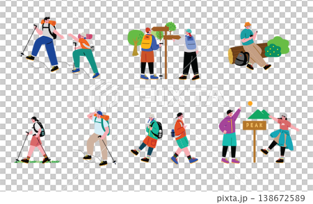 A set of illustrations of people enjoying mountain climbing. A set of illustrations of people enjoying mountain climbing. 138672589