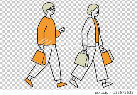 Mother-in-law and daughter-in-law walk happily, each carrying a paper bag. Mother-in-law and daughter-in-law walk happily, each carrying a paper bag. 138672632
