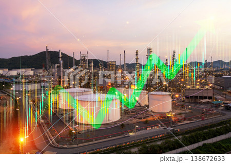 Industrial oil refinery plant at sunset with double exposure of stock market growth and falling charts, energy crisis and economic concept. 138672633