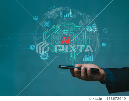 Businessman hand holding smartphone with virtual digital brain AI icon and world map background. Futuristic mobile technology and machine learning concept. Businessman hand holding smartphone with virtual digital brain AI icon and world map background. Futuristic mobile technology and machine learning concept. 138672640