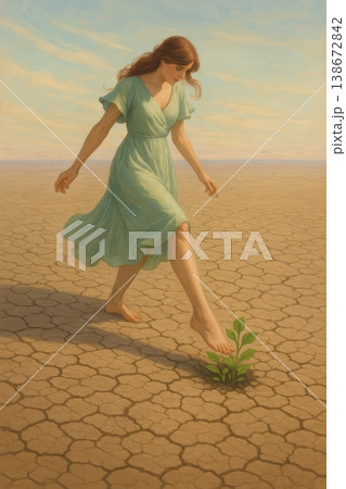 Woman in green dress walking through a dry desert toward life Woman in green dress walking through a dry desert toward life 138672842