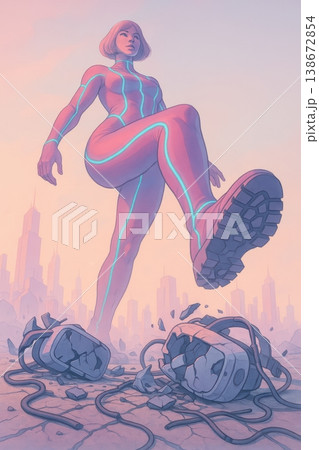 Giant futuristic woman in pink bodysuit stomping on virtual reality headsets Giant futuristic woman in pink bodysuit stomping on virtual reality headsets 138672854