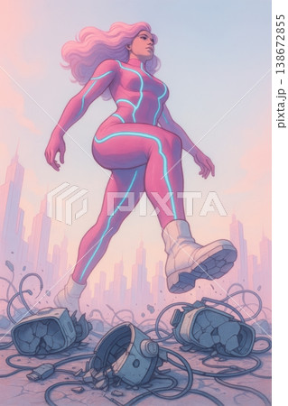 Superhero Woman in Pink Suit Stomping Through a Futuristic City Landscape 138672855
