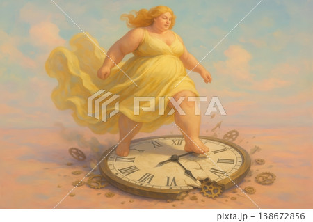Ethereal Woman in Yellow Gown Crushing a Large Clock in Clouds 138672856