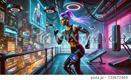 Cybernetic Woman Training in High Tech Futuristic Gym Overlooking a Neon City 138672869