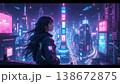 Young woman looking at a sprawling neon cyberpunk city from a rooftop 138672875