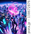 Superhero girl with long flowing pink hair standing atop a futuristic skyscraper 138672876
