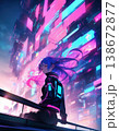 Anime girl leaning on a balcony against a backdrop of neon screens 138672877