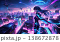 Futuristic woman looking out over a glowing sci-fi city with flying ships 138672878