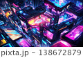 Aerial view of a dense cyberpunk city with glowing neon architecture 138672879