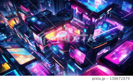 Aerial view of a dense cyberpunk city with glowing neon architecture 138672879