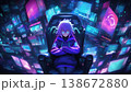 Girl with purple hair sitting in a command chair surrounded by monitors 138672880