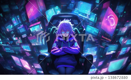 Girl with purple hair sitting in a command chair surrounded by monitors 138672880