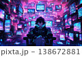 Person in a dark hoodie sitting amidst a wall of glowing screens 138672881