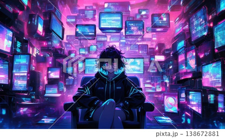 Person in a dark hoodie sitting amidst a wall of glowing screens 138672881
