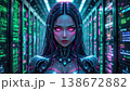 Cyborg woman with glowing pink eyes standing in a futuristic data center 138672882