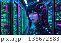 Cybernetic anime woman with glowing purple eyes inside a server room 138672883