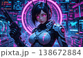 Female futuristic soldier holding a rifle in a neon command center 138672884