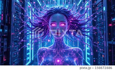 Digital goddess with glowing neural tentacles connected to a server network Digital goddess with glowing neural tentacles connected to a server network 138672886