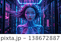 Humanoid AI being with glowing circuitry skin and floating purple hair 138672887