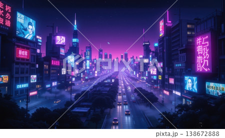 Wide city boulevard at night with glowing neon signs and traffic 138672888
