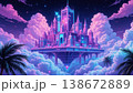 Majestic floating city palace glowing neon blue among pink sunset clouds 138672889
