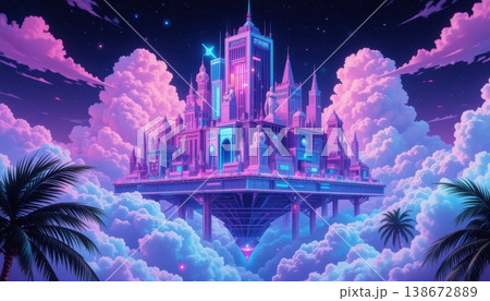 Majestic floating city palace glowing neon blue among pink sunset clouds 138672889