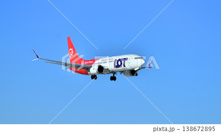 Warsaw, Poland. 3 February 2026. Plane SP-LVG: LOT - Polish Airlines Boeing B737 MAX 8 just before landing at the Chopin airport. Warsaw, Poland. 3 February 2026. Plane SP-LVG: LOT - Polish Airlines Boeing B737 MAX 8 just before landing at the Chopin airport. 138672895