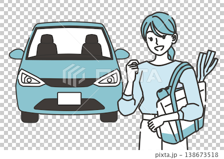 Illustration of a woman returning from shopping and a car. 138673518