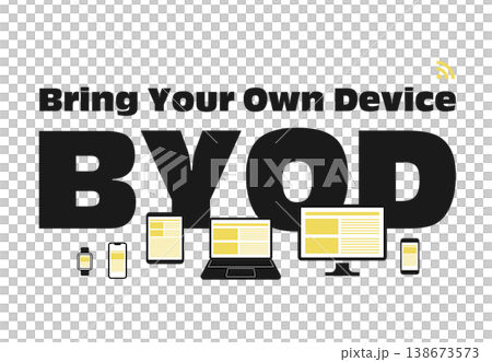 自備設備辦公室 (BYOD) - 個人設備使用示意圖(向量圖),白色背景 自備設備辦公室 (BYOD) - 個人設備使用示意圖(向量圖),白色背景 138673573