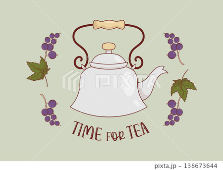 Fine Porcelain Teapot with Blackcurrant Berries. Time for Tea Poster. Elegant China Tea Kettle Greeting Card. Botanical Kitchen Wall Art. Vector Illustration. Fine Porcelain Teapot with Blackcurrant Berries. Time for Tea Poster. Elegant China Tea Kettle Greeting Card. Botanical Kitchen Wall Art. Vector Illustration. 138673644