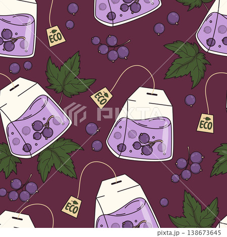 Black Currant Tea Bag Seamless Pattern. Luxury Gourmet Herbal Brew Wrapping Paper on Deep Plum Background. Hand Drawn Botanical Background for Wellness Packaging. Vector Illustration. 138673645