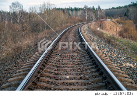 Curving railway tracks through a wooded area in early evening light 138673838
