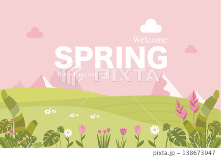 Welcome Spring Background. Spring season.Design for Poster, Banner, Flyer, Greeting, Card, Cover, Poster.Leaves and flowers plants.Vector illustration. 138673947