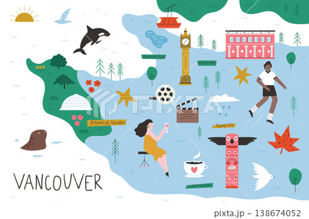 Vancouver illustrated map with landmarks, nature and city lifestyle elements Vancouver illustrated map with landmarks, nature and city lifestyle elements 138674052