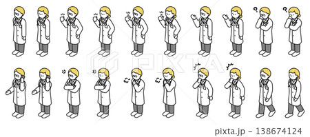 アイソメトリックイラスト：色々なポーズの男女医師 138674124