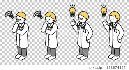 アイソメトリックイラスト:アイデアを思いつく男女 考える男女(医者) アイソメトリックイラスト:アイデアを思いつく男女 考える男女(医者) 138674125