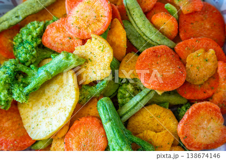 Colorful vegetable chips background with broccoli carrot and sweet potato. Healthy snack texture for clean eating and plant based diet concept. 138674146