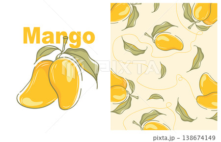 Seamless pattern with yellow mango fruits and green leaves. Tropical summer vector illustration background for textile, fabric, wrapping paper, and packaging design. Minimalist hand drawn style. Seamless pattern with yellow mango fruits and green leaves. Tropical summer vector illustration background for textile, fabric, wrapping paper, and packaging design. Minimalist hand drawn style. 138674149