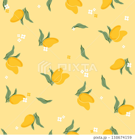 Seamless pattern with yellow mango fruits and green leaves. Tropical summer vector illustration background for textile, fabric, wrapping paper, and packaging design. Minimalist hand drawn style. Seamless pattern with yellow mango fruits and green leaves. Tropical summer vector illustration background for textile, fabric, wrapping paper, and packaging design. Minimalist hand drawn style. 138674159