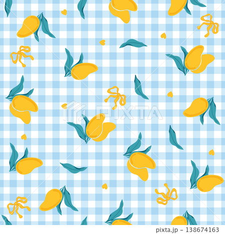 Seamless pattern with yellow mango fruits and green leaves. Tropical summer vector illustration background for textile, fabric, wrapping paper, and packaging design. Minimalist hand drawn style. Seamless pattern with yellow mango fruits and green leaves. Tropical summer vector illustration background for textile, fabric, wrapping paper, and packaging design. Minimalist hand drawn style. 138674163