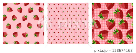 Set of cute seamless patterns with sweet red strawberry fruits on pink gingham and striped background. Summer berry vector design collection for kids fabric, textile, wrapping paper, wallpaper print. Set of cute seamless patterns with sweet red strawberry fruits on pink gingham and striped background. Summer berry vector design collection for kids fabric, textile, wrapping paper, wallpaper print. 138674168