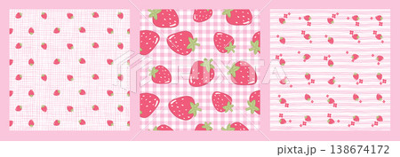Set of cute seamless patterns with sweet red strawberry fruits on pink gingham and striped background. Summer berry vector design collection for kids fabric, textile, wrapping paper, wallpaper print. Set of cute seamless patterns with sweet red strawberry fruits on pink gingham and striped background. Summer berry vector design collection for kids fabric, textile, wrapping paper, wallpaper print. 138674172
