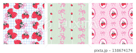 Set of cute seamless patterns with sweet red strawberry fruits on pink gingham and striped background. Summer berry vector design collection for kids fabric, textile, wrapping paper, wallpaper print. Set of cute seamless patterns with sweet red strawberry fruits on pink gingham and striped background. Summer berry vector design collection for kids fabric, textile, wrapping paper, wallpaper print. 138674174