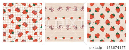 Set of cute seamless patterns with sweet red strawberry fruits on pink gingham and striped background. Summer berry vector design collection for kids fabric, textile, wrapping paper, wallpaper print. Set of cute seamless patterns with sweet red strawberry fruits on pink gingham and striped background. Summer berry vector design collection for kids fabric, textile, wrapping paper, wallpaper print. 138674175