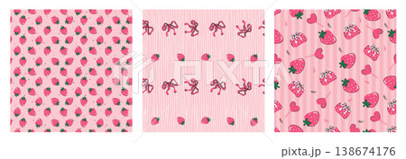 Set of cute seamless patterns with sweet red strawberry fruits on pink gingham and striped background. Summer berry vector design collection for kids fabric, textile, wrapping paper, wallpaper print. Set of cute seamless patterns with sweet red strawberry fruits on pink gingham and striped background. Summer berry vector design collection for kids fabric, textile, wrapping paper, wallpaper print. 138674176