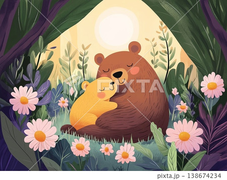 Happy bear family enjoys a warm embrace in a colorful forest setting, cartoon illustration 138674234